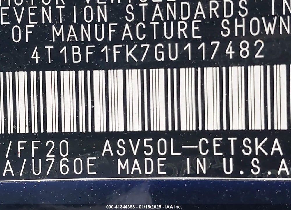 2016 TOYOTA CAMRY VIN: 4T1BF1FK7GU117482