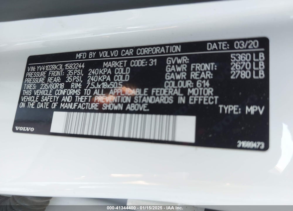 2020 VOLVO XC60 T5 MOMENTUM VIN: YV4102RK3L1583244