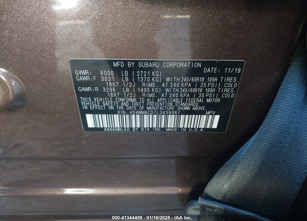 2020 SUBARU ASCENT PREMIUM VIN: 4S4WMACD7L3438967