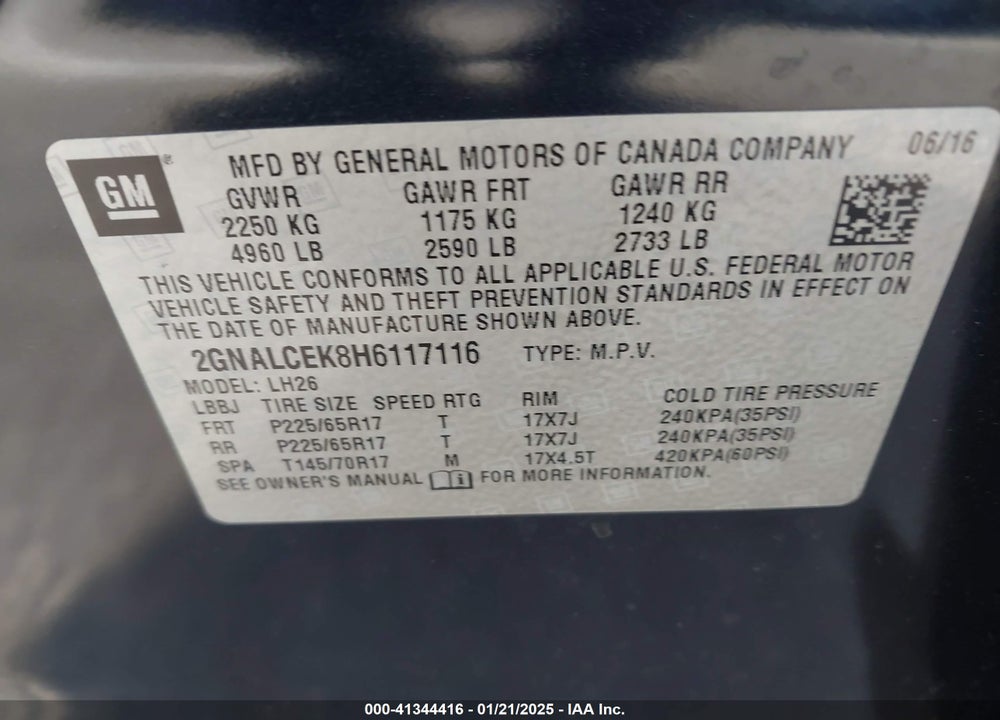 2017 CHEVROLET EQUINOX LT VIN: 2GNALCEK8H6117116