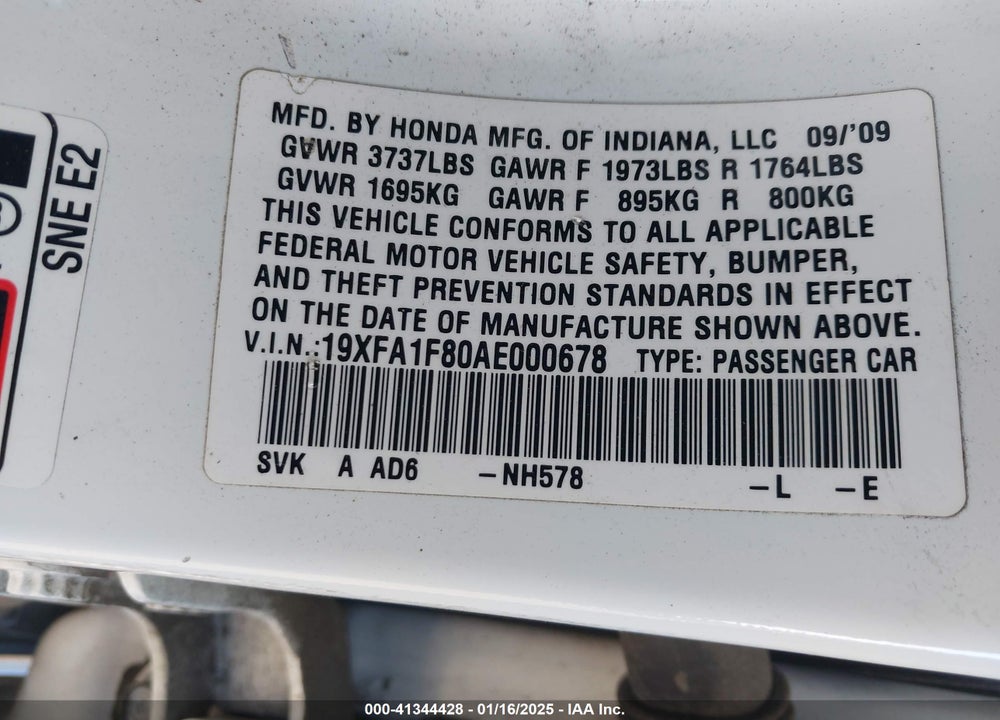 2010 HONDA CIVIC EX VIN: 19XFA1F80AE000678