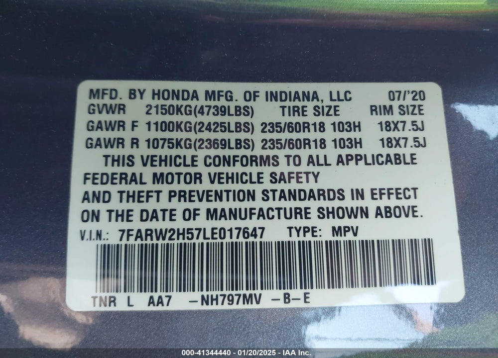 2020 HONDA CR-V AWD EX VIN: 7FARW2H57LE017647