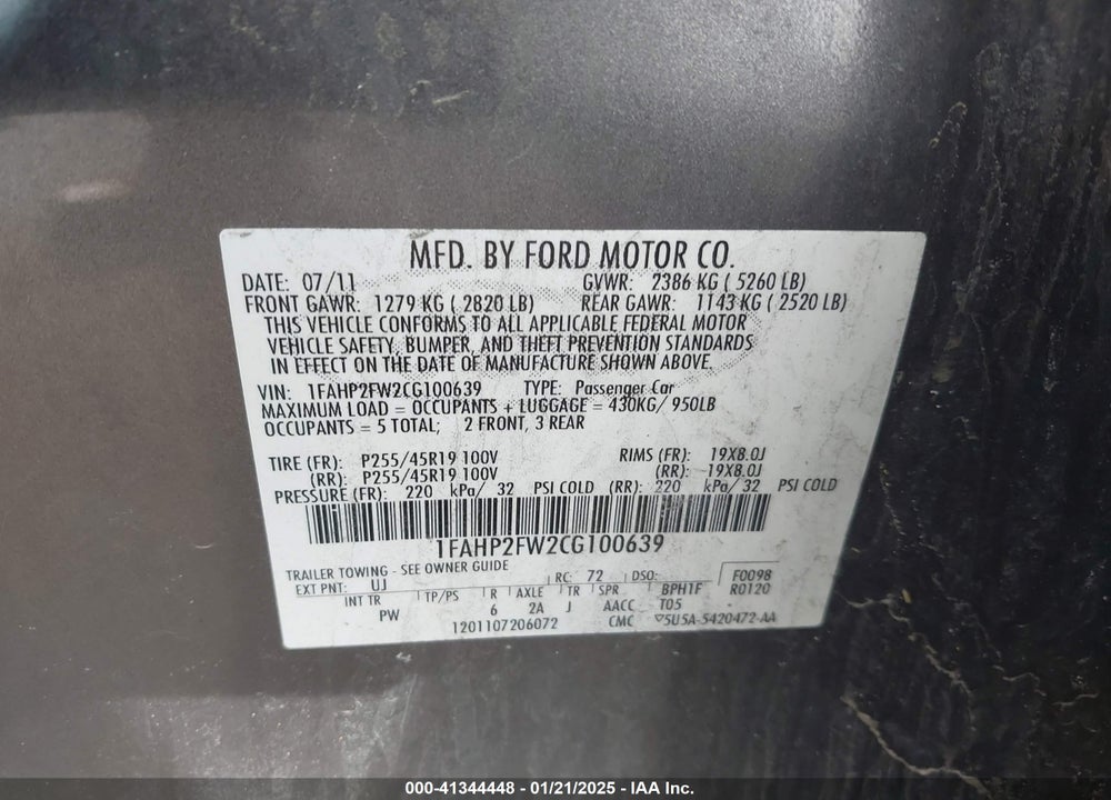 2012 FORD TAURUS LIMITED VIN: 1FAHP2FW2CG100639