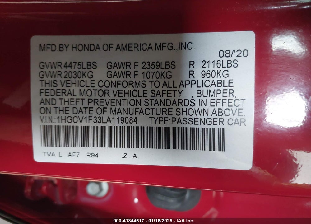 2020 HONDA ACCORD VIN: 1HGCV1F33LA119084