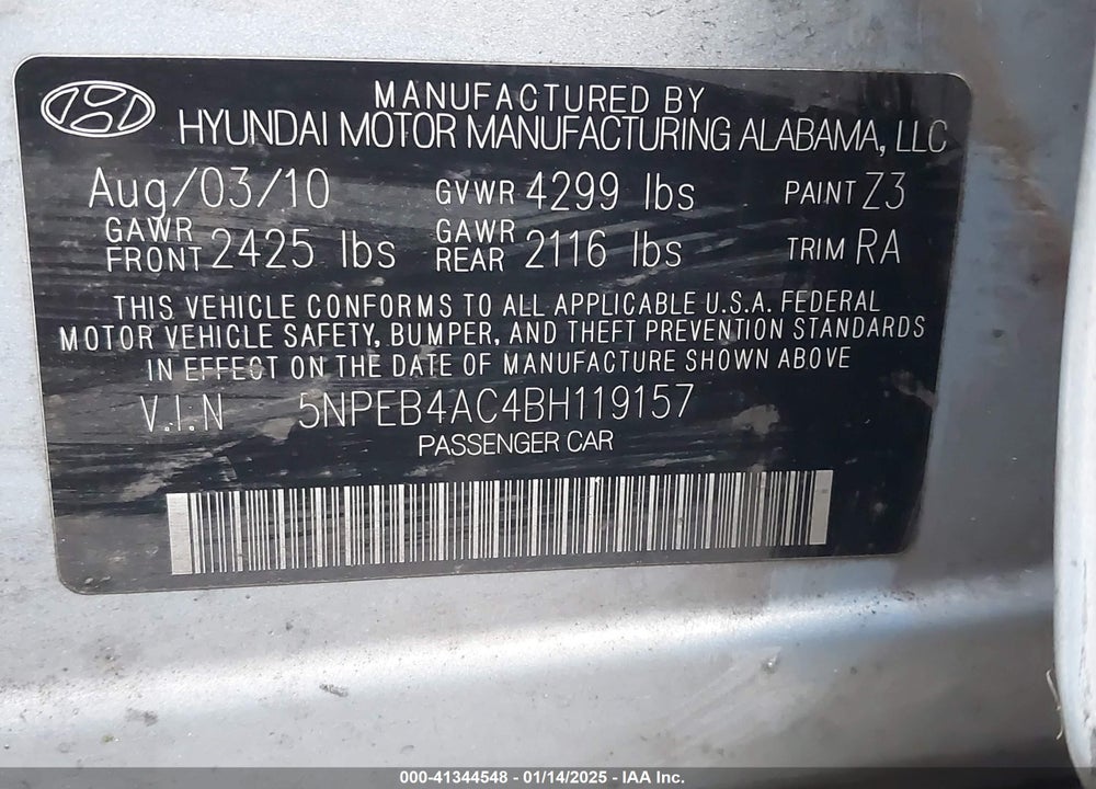 2011 HYUNDAI SONATA GLS VIN: 5NPEB4AC4BH119157