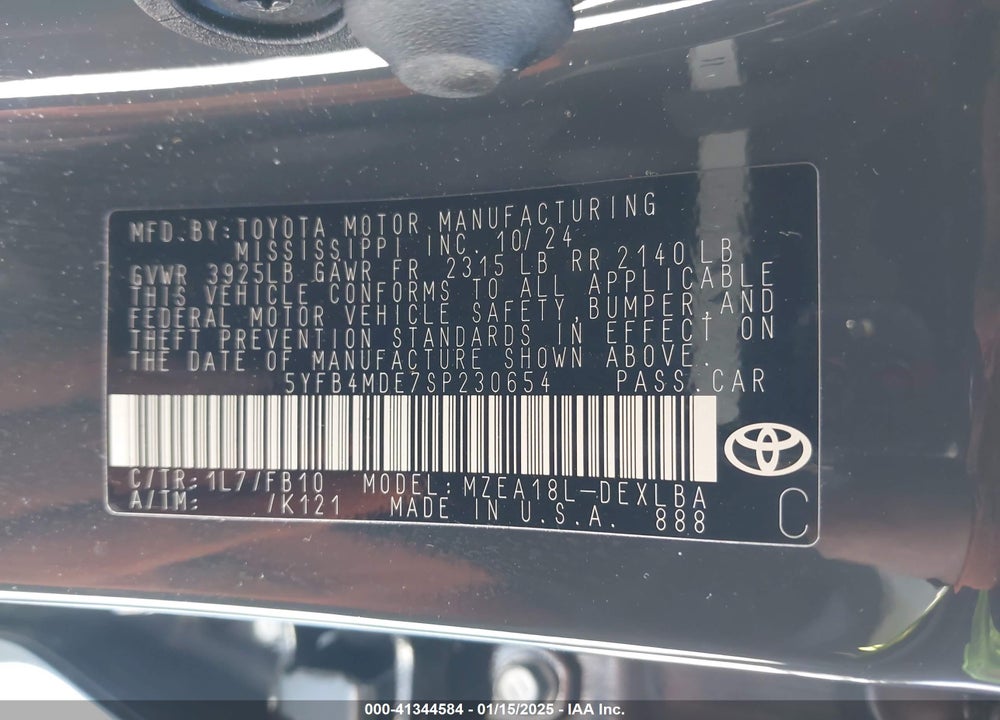 2025 TOYOTA COROLLA VIN: 5YFB4MDE7SP230654
