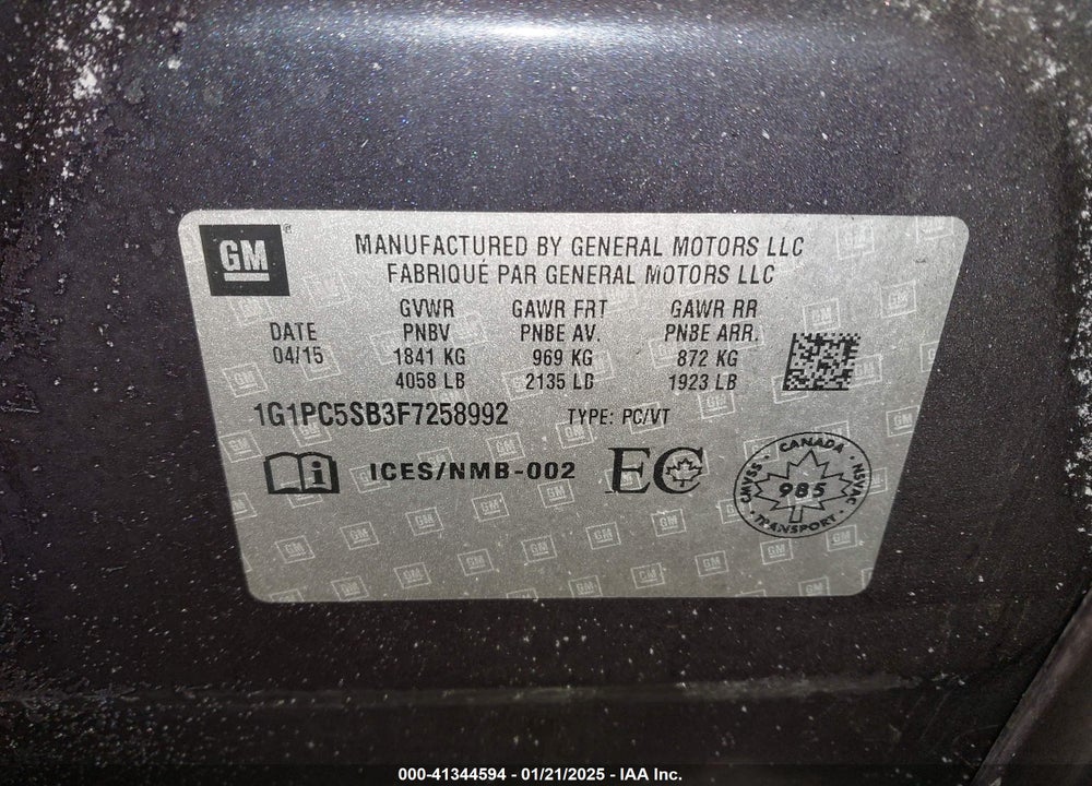 2015 CHEVROLET CRUZE VIN: 1G1PC5SB3F7258992