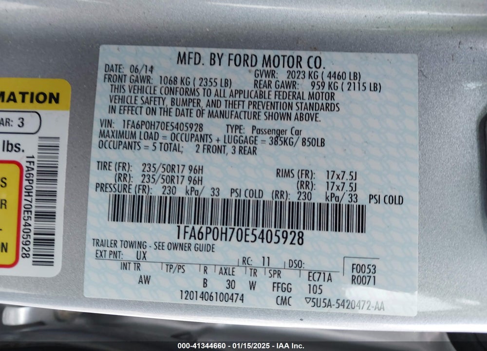2014 FORD FUSION VIN: 1FA6P0H70E5405928