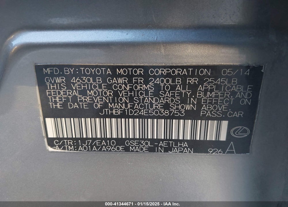 2014 LEXUS IS 250 VIN: JTHBF1D24E5038753