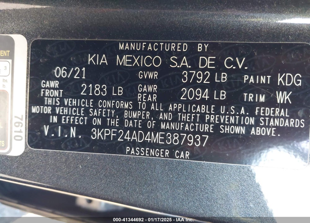 2021 KIA FORTE VIN: 3KPF24AD4ME387937