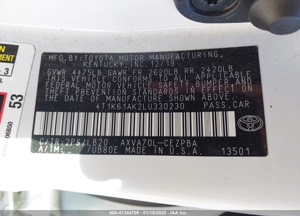 2020 TOYOTA CAMRY VIN: 4T1K61AK2LU330230
