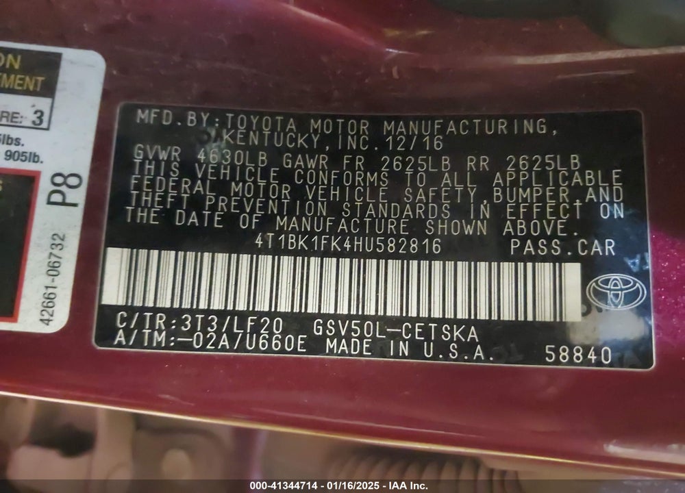 2017 TOYOTA CAMRY VIN: 4T1BK1FK4HU582816