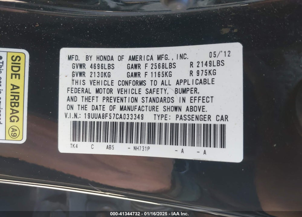 2012 ACURA TL VIN: 19UUA8F57CA033349