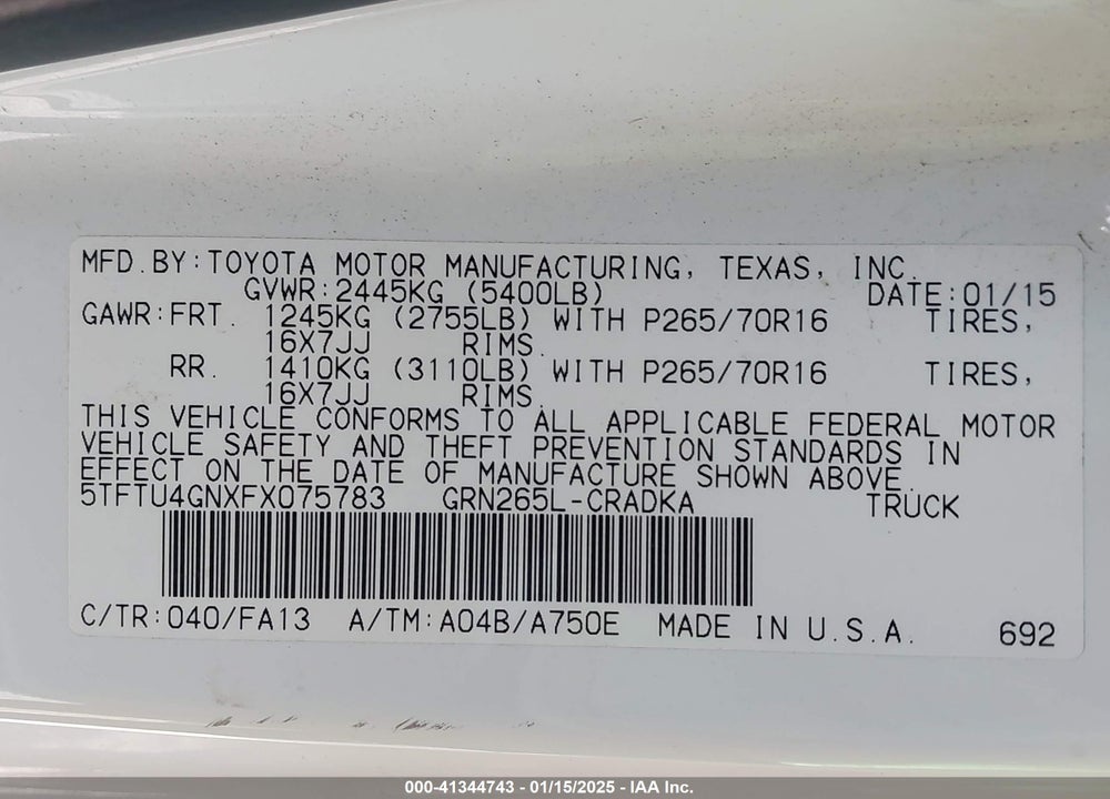 2015 TOYOTA TACOMA PRERUNNER ACCESS CAB VIN: 5TFTU4GNXFX075783