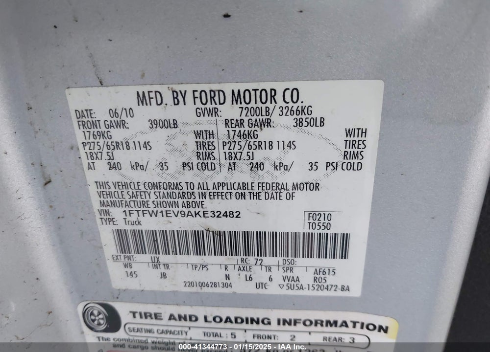 2010 FORD F-150 FX4/HARLEY-DAVIDSON/KING RANCH/LARIAT/PLATINUM/XL/XLT VIN: 1FTFW1EV9AKE32482
