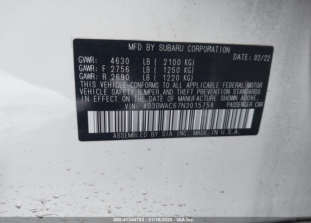 2022 SUBARU LEGACY VIN: 4S3BWAC67N3015758