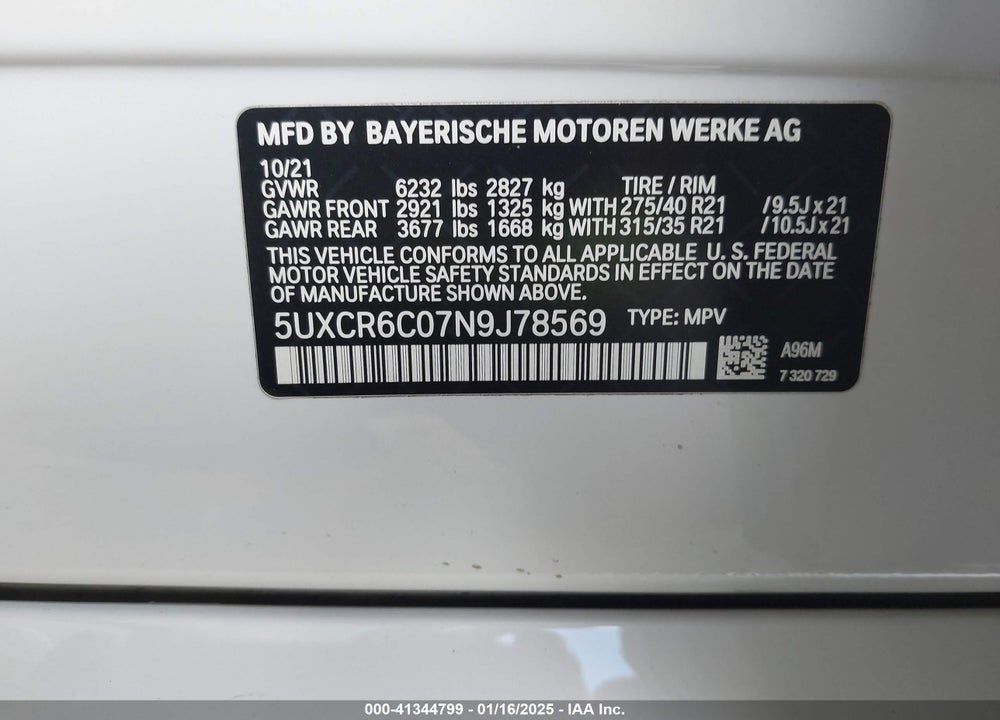 2022 BMW X5 XDRIVE40I VIN: 5UXCR6C07N9J78569