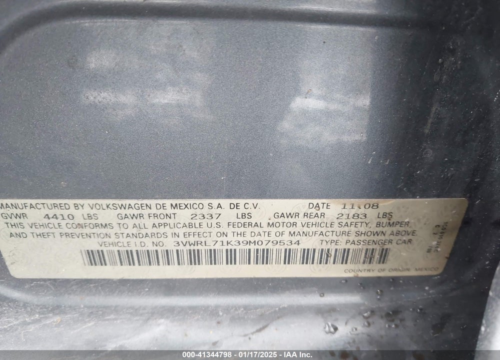 2009 VOLKSWAGEN JETTA VIN: 3VWRL71K39M079534