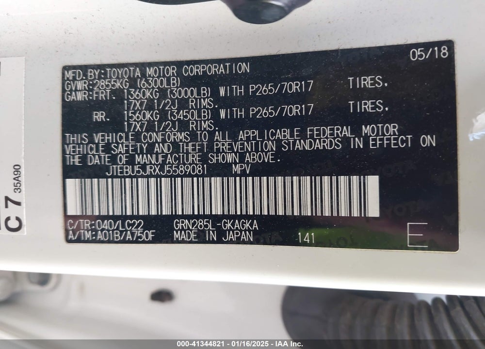 2018 TOYOTA 4RUNNER TRD OFF ROAD PREMIUM VIN: JTEBU5JRXJ5589081