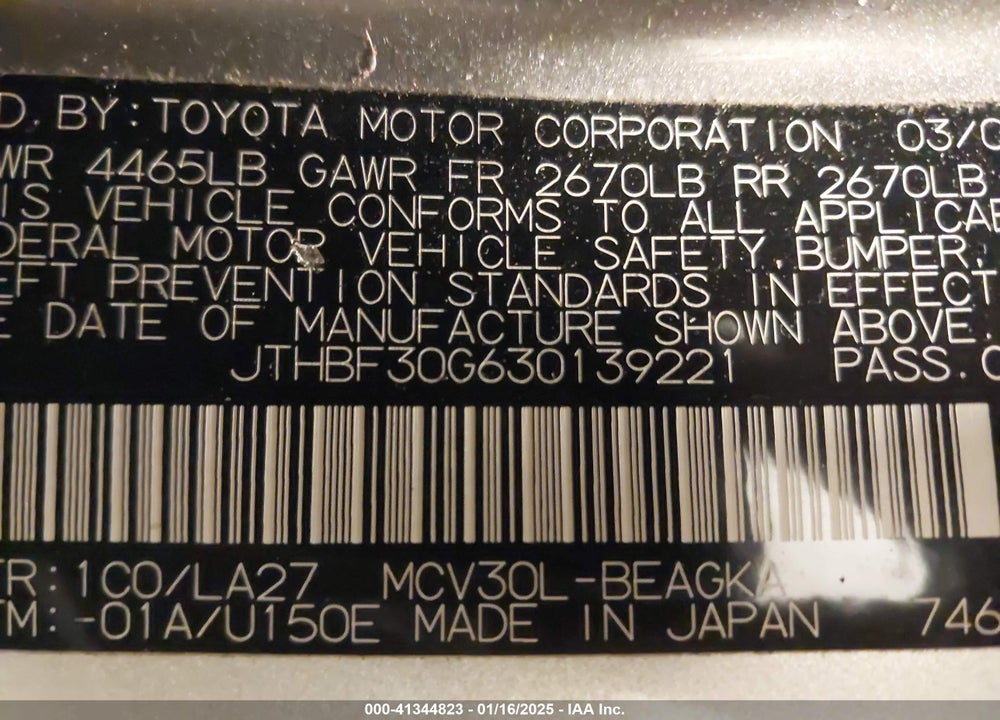 2003 LEXUS ES 300 VIN: JTHBF30G630139221