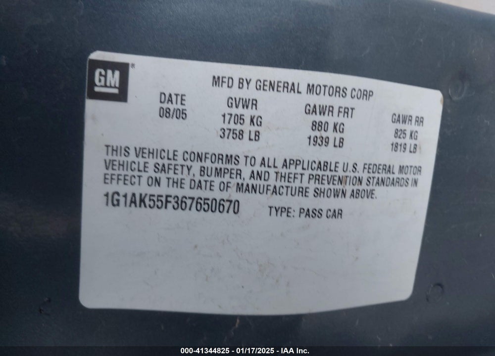 2006 CHEVROLET COBALT VIN: 1G1AK55S367650670