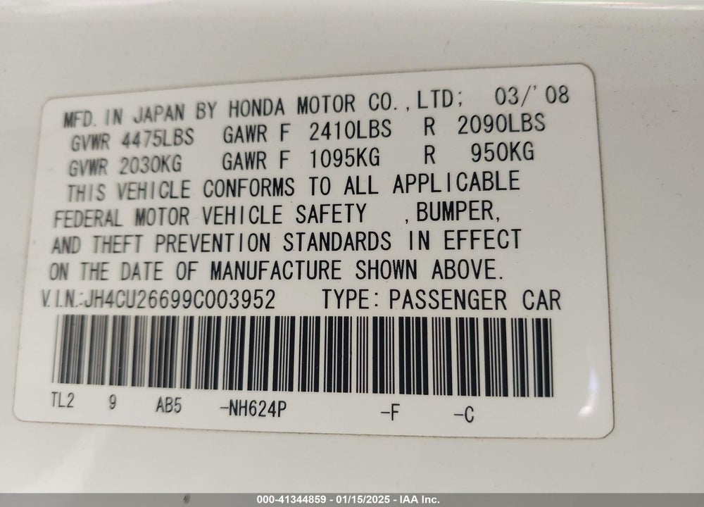 2009 ACURA TSX VIN: JH4CU26699C003952