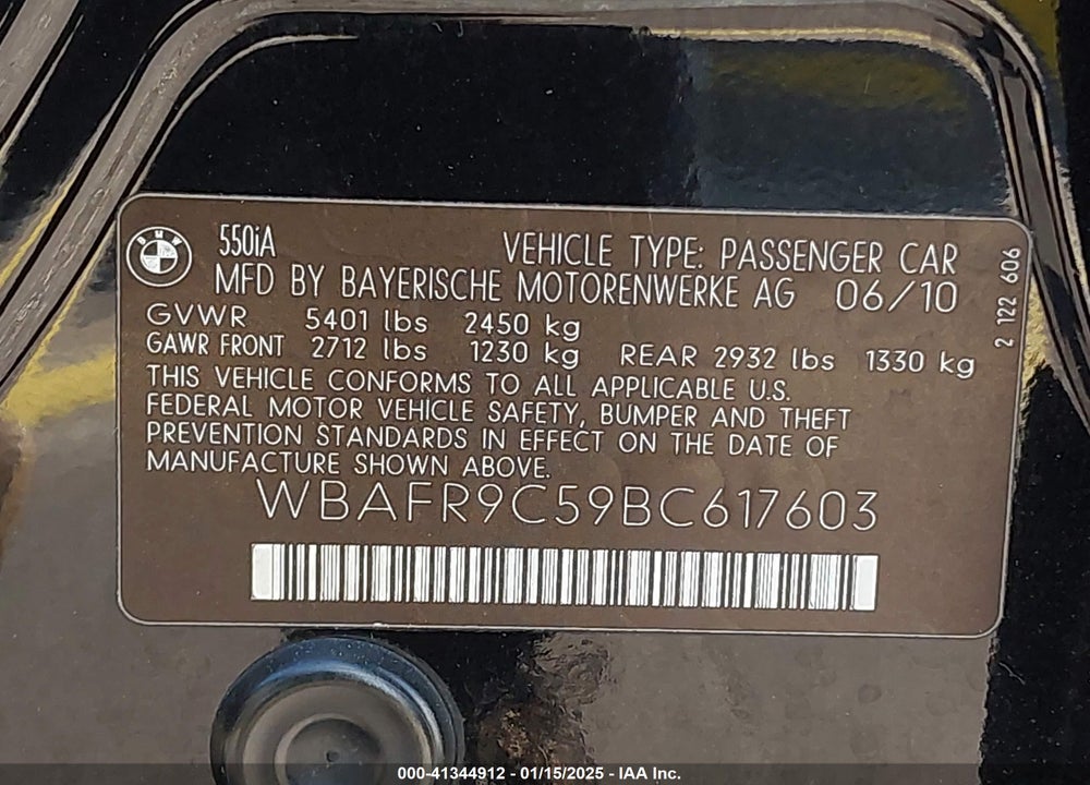 2011 BMW 5 SERIES VIN: WBAFR9C59BC617603