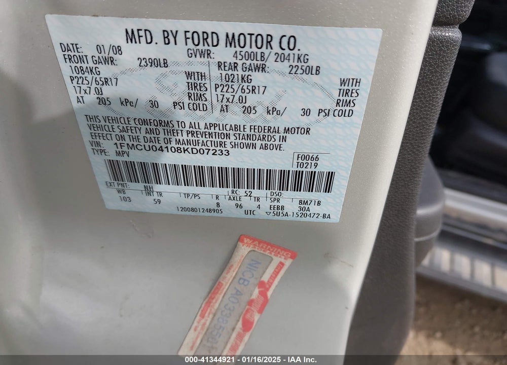 2008 FORD ESCAPE LIMITED VIN: 1FMCU04108KD07233