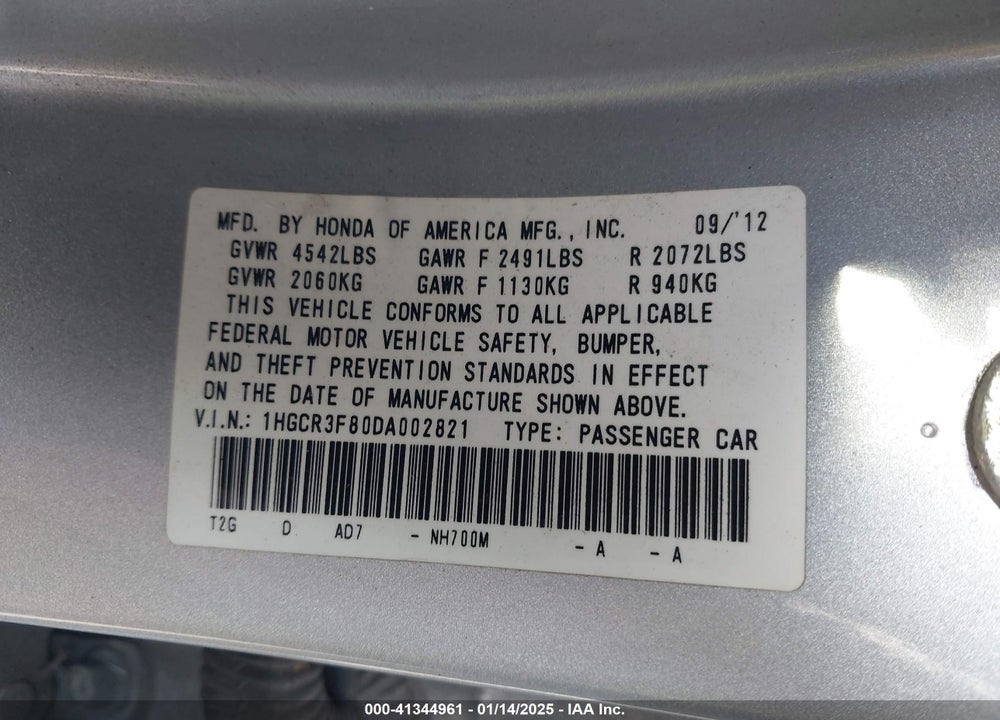2013 HONDA ACCORD VIN: 1HGCR3F80DA002821