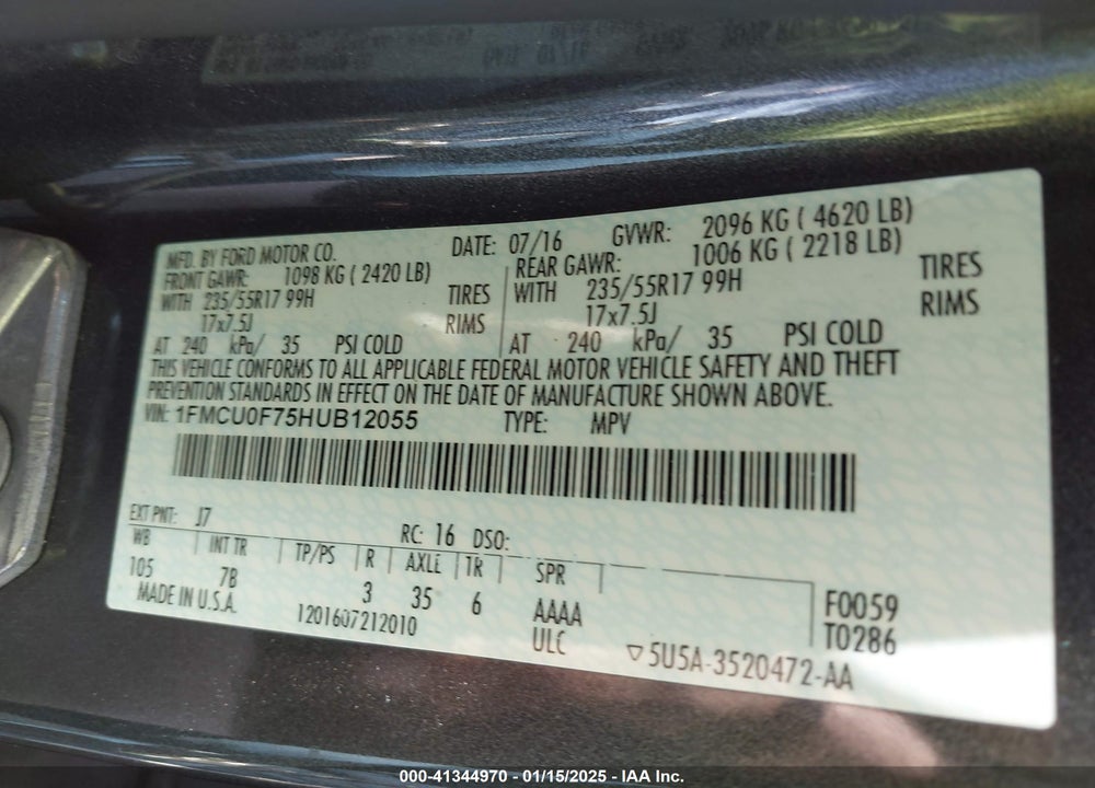 2017 FORD ESCAPE S VIN: 1FMCU0F75HUB12055