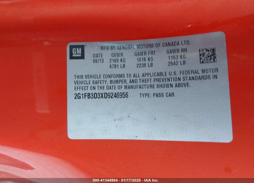 2013 CHEVROLET CAMARO VIN: 2G1FB3D3XD9246956