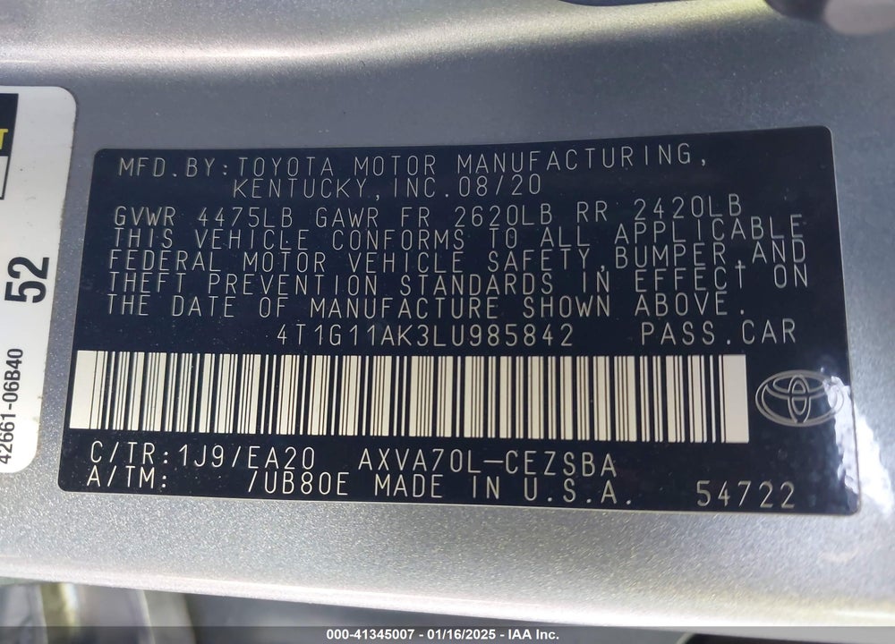 2020 TOYOTA CAMRY VIN: 4T1G11AK3LU985842