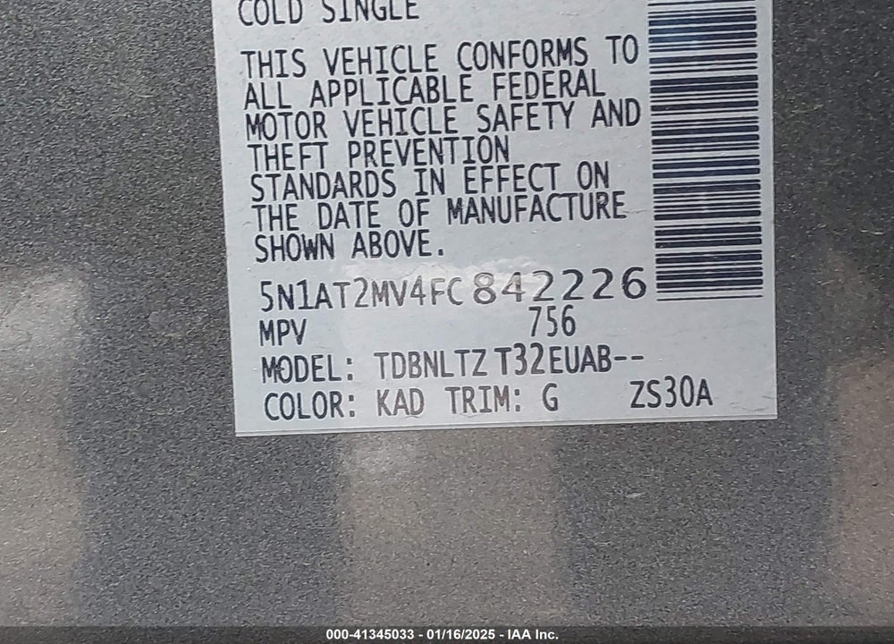 2015 NISSAN ROGUE SV VIN: 5N1AT2MV4FC842226