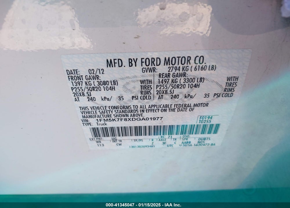 2013 FORD EXPLORER LIMITED VIN: 1FM5K7F8XDGA01977