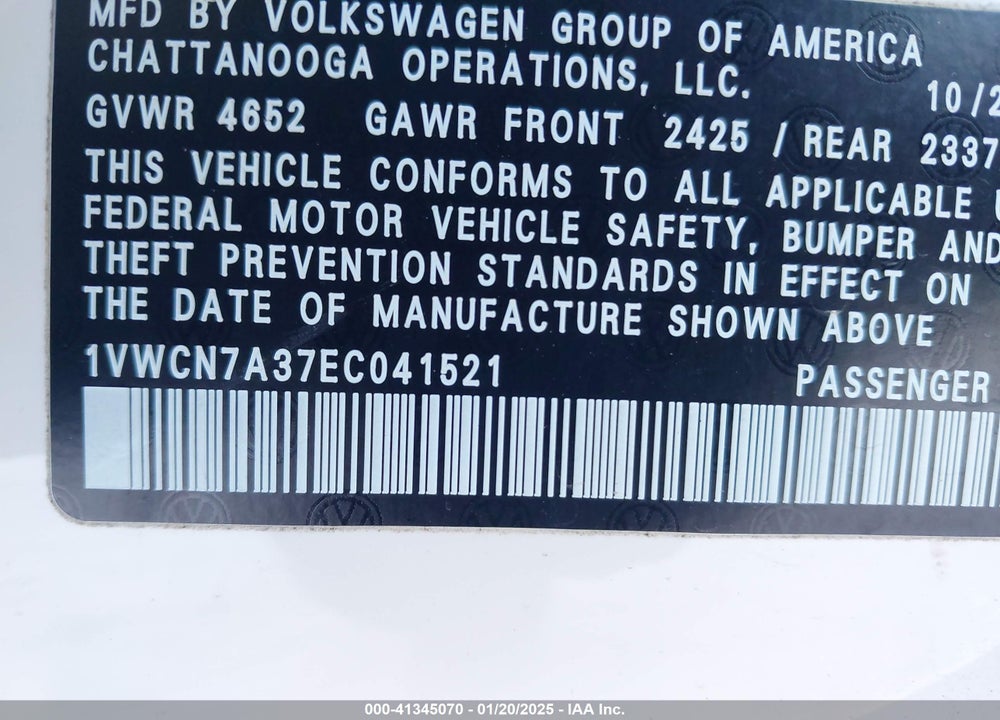 2014 VOLKSWAGEN PASSAT VIN: 1VWCN7A37EC041521