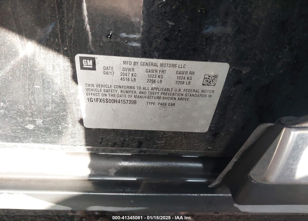 2017 CHEVROLET BOLT EV VIN: 1G1FX6S00H4157398