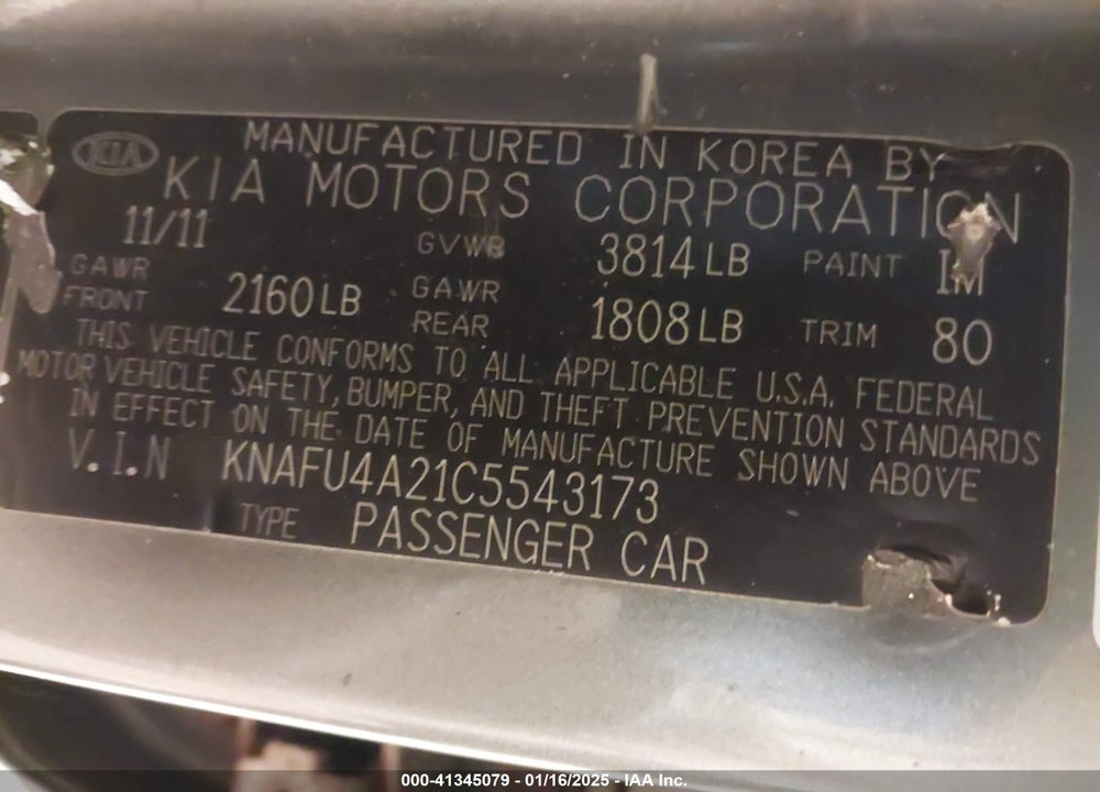 2012 KIA FORTE VIN: KNAFU4A21C5543173