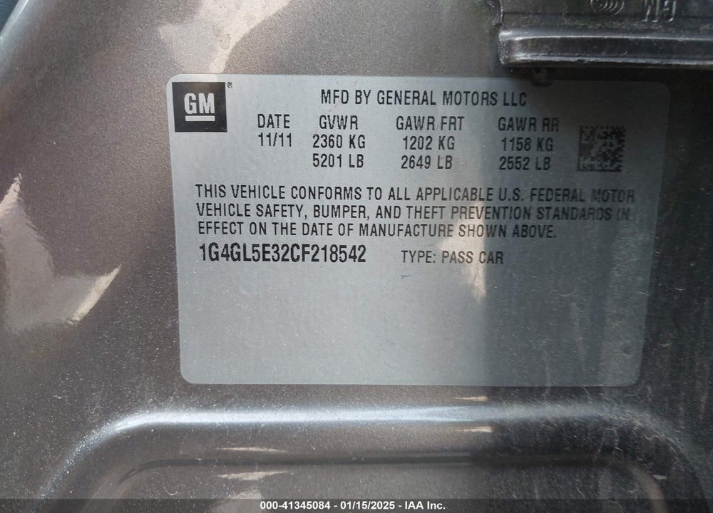 2012 BUICK LACROSSE VIN: 1G4GL5E32CF218542