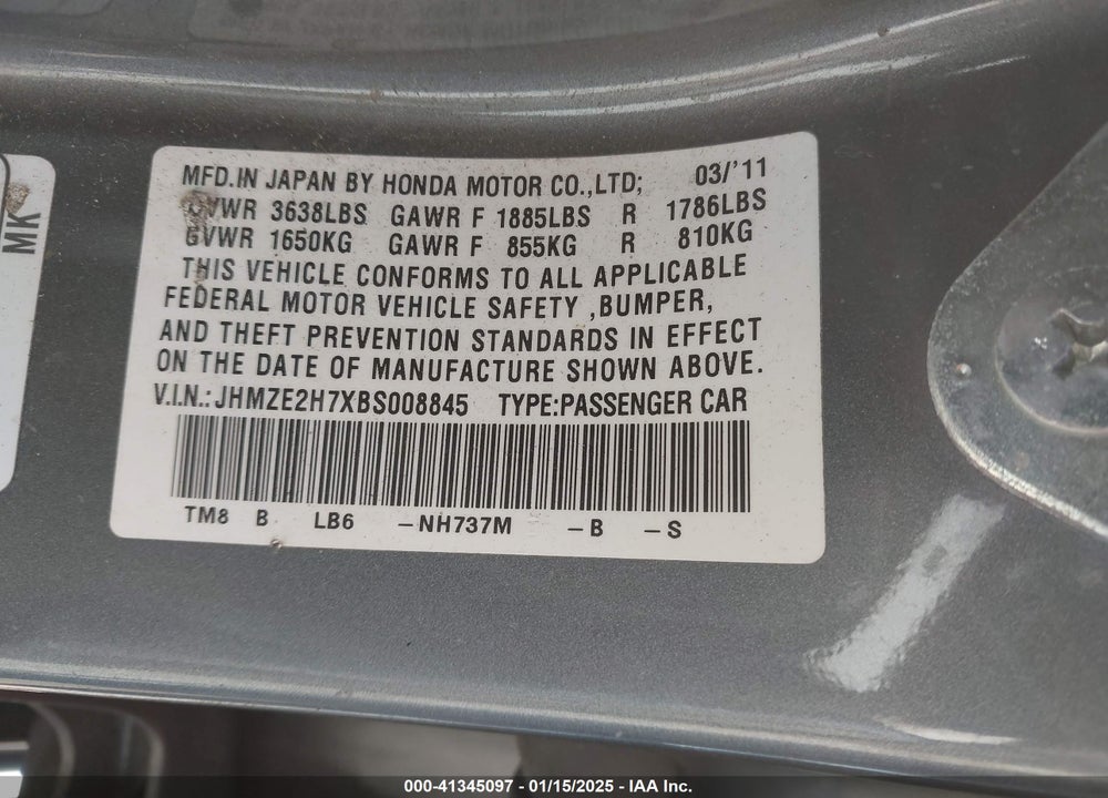 2011 HONDA INSIGHT VIN: JHMZE2H7XBS008845