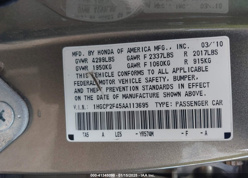 2010 HONDA ACCORD 2.4 LX-P VIN: 1HGCP2F45AA113695