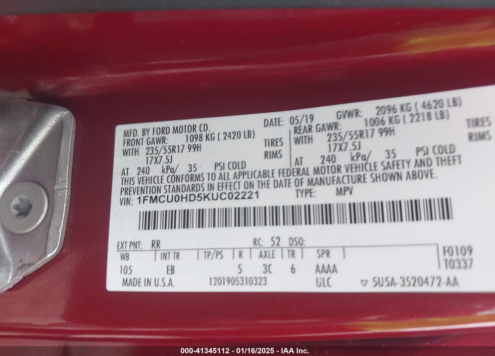 2019 FORD ESCAPE VIN: 1FMCU0HD5KUC02221