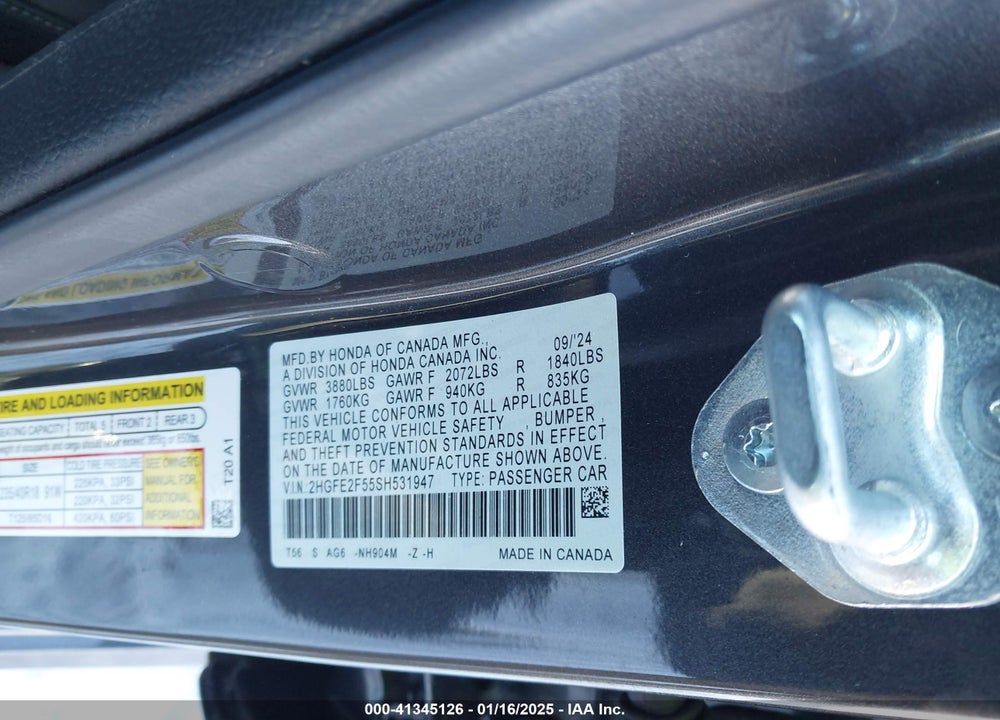 2025 HONDA CIVIC VIN: 2HGFE2F55SH531947