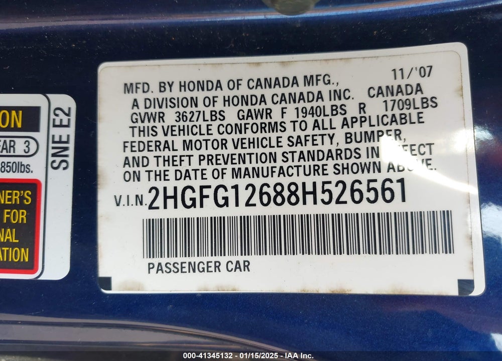 2008 HONDA CIVIC VIN: 2HGFG12688H526561
