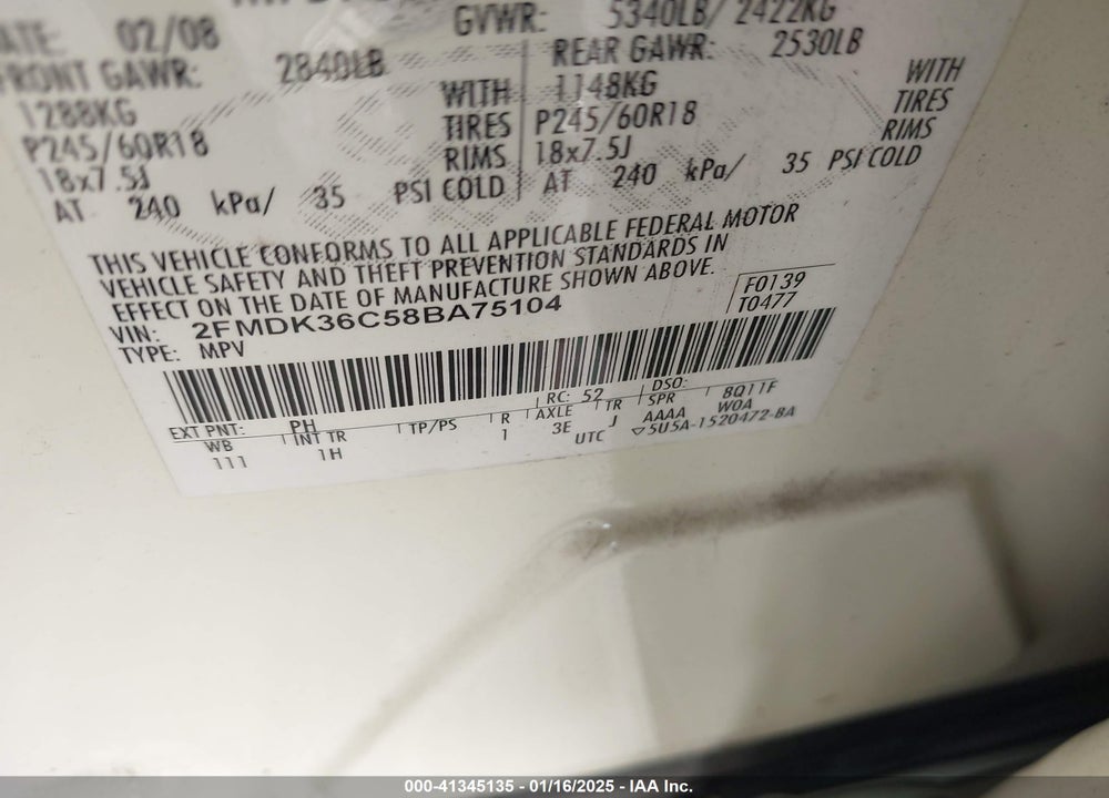2008 FORD EDGE SE VIN: 2FMDK36C58BA75104