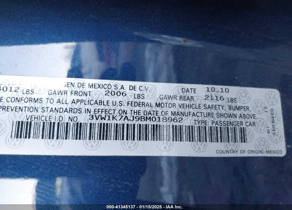 2011 VOLKSWAGEN JETTA 2.0L S VIN: 3VW1K7AJ9BM018962