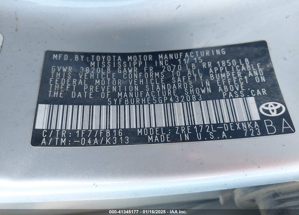 2016 TOYOTA COROLLA VIN: 5YFBURHE5GP432083