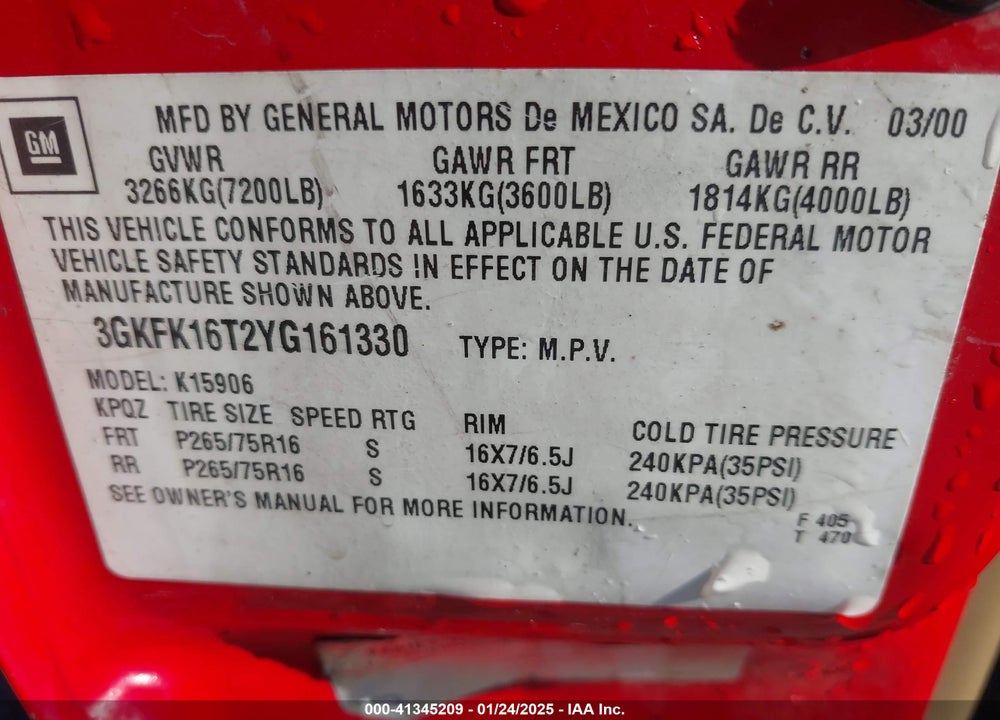 2000 GMC YUKON XL 1500 SLT VIN: 3GKFK16T2YG161330