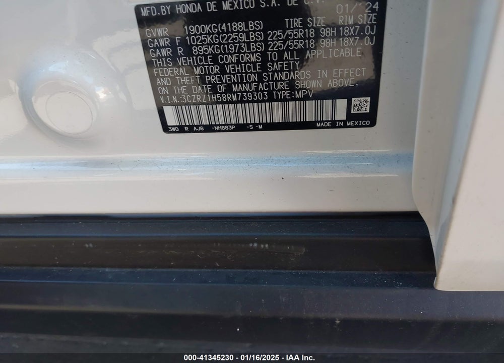 2024 HONDA HR-V 2WD SPORT/2WD SPORT W/O BSI VIN: 3CZRZ1H58RM739303