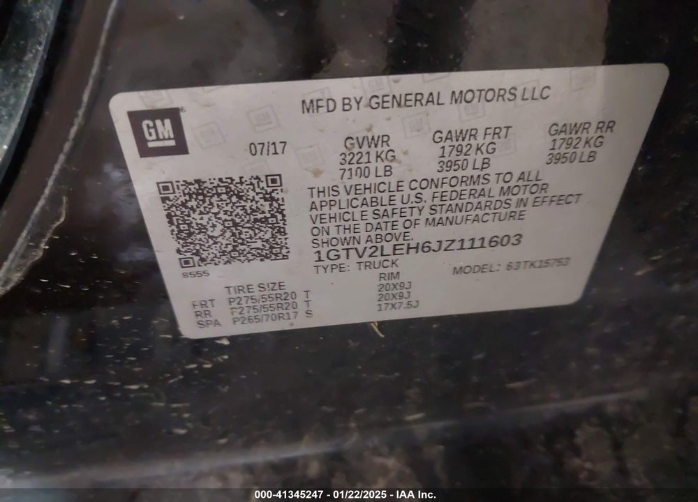 2018 GMC SIERRA 1500 VIN: 1GTV2LEH6JZ111603