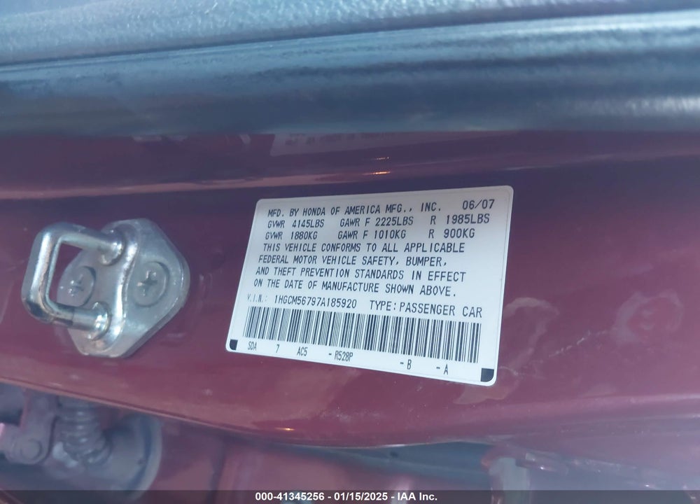 2007 HONDA ACCORD 2.4 EX VIN: 1HGCM56797A185920